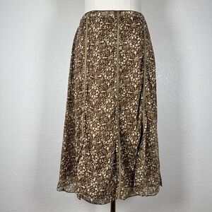 Vintage Kim Rogers Brown White Floral Midi Skirt Vertical Ribbon Trim Boho S